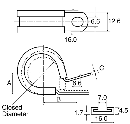 JCS R型线夹, 10mm内径, 6.6mm固定孔直径, 不锈钢制, 12.6mm宽,PCSR10RS