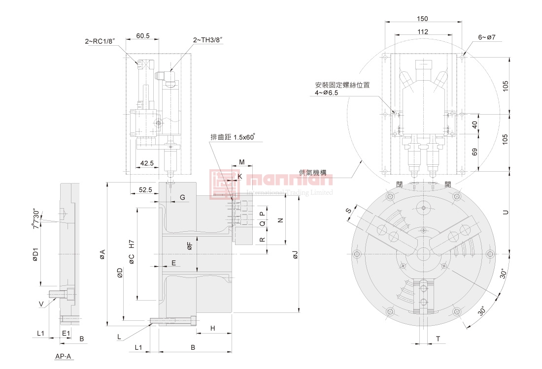 佳贺 Autogrip,三爪/AP,大孔径中空气动卡盘